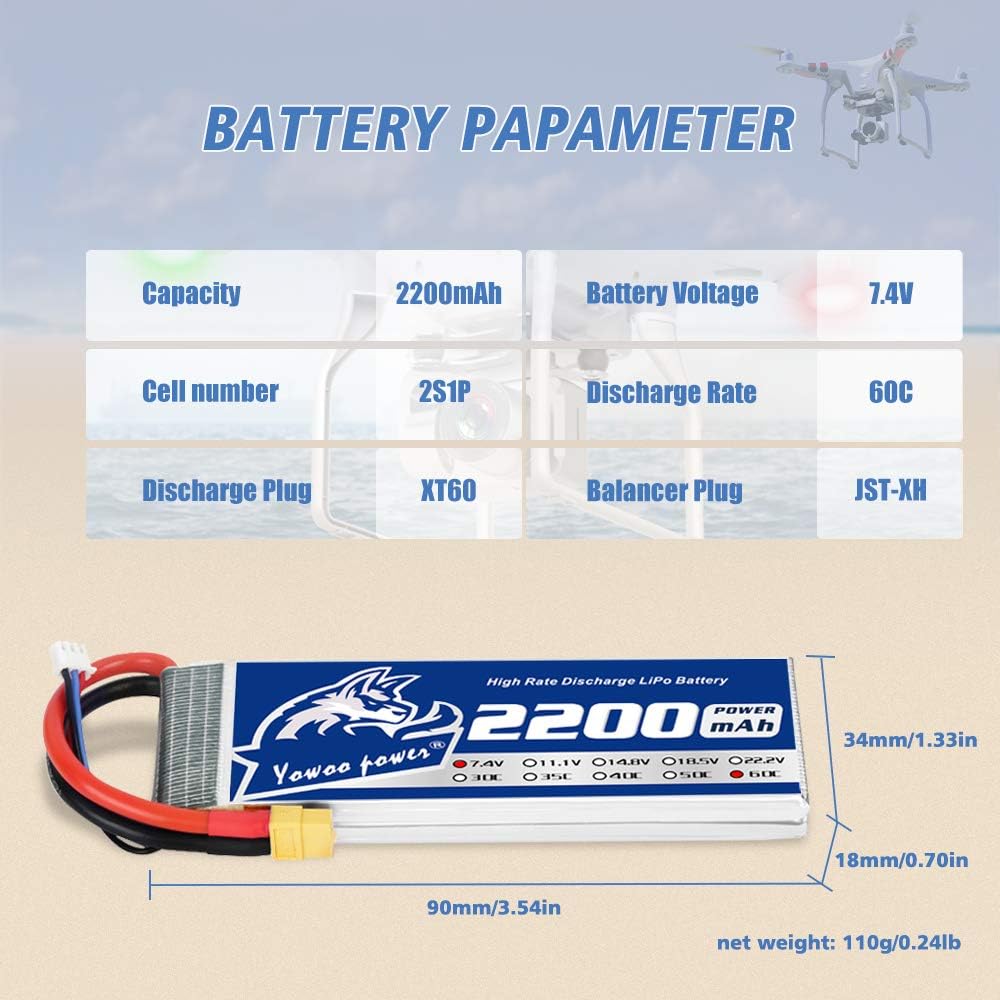Yowoo 2 Pack 2S Lipo Battery 2200mAh 7.4V 130C Soft Case Graphene Battery with XT60 and Deans T Plug for RC Evader BX Car Truck Truggy RC Quadcopter Helicopter Airplane UAV Drone FPV RC Models - Image 3