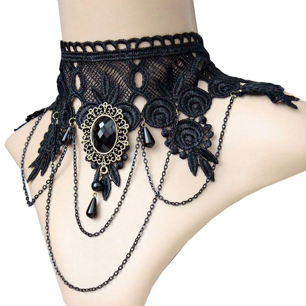 Aniwon Punk Style Halloween Party Black Lace Choker Necklace Fingerless Satin Embroidered Gloves Lace Masquerade Mask Set for Women for Wedding Evening Vampire Costume steampunk Accessories