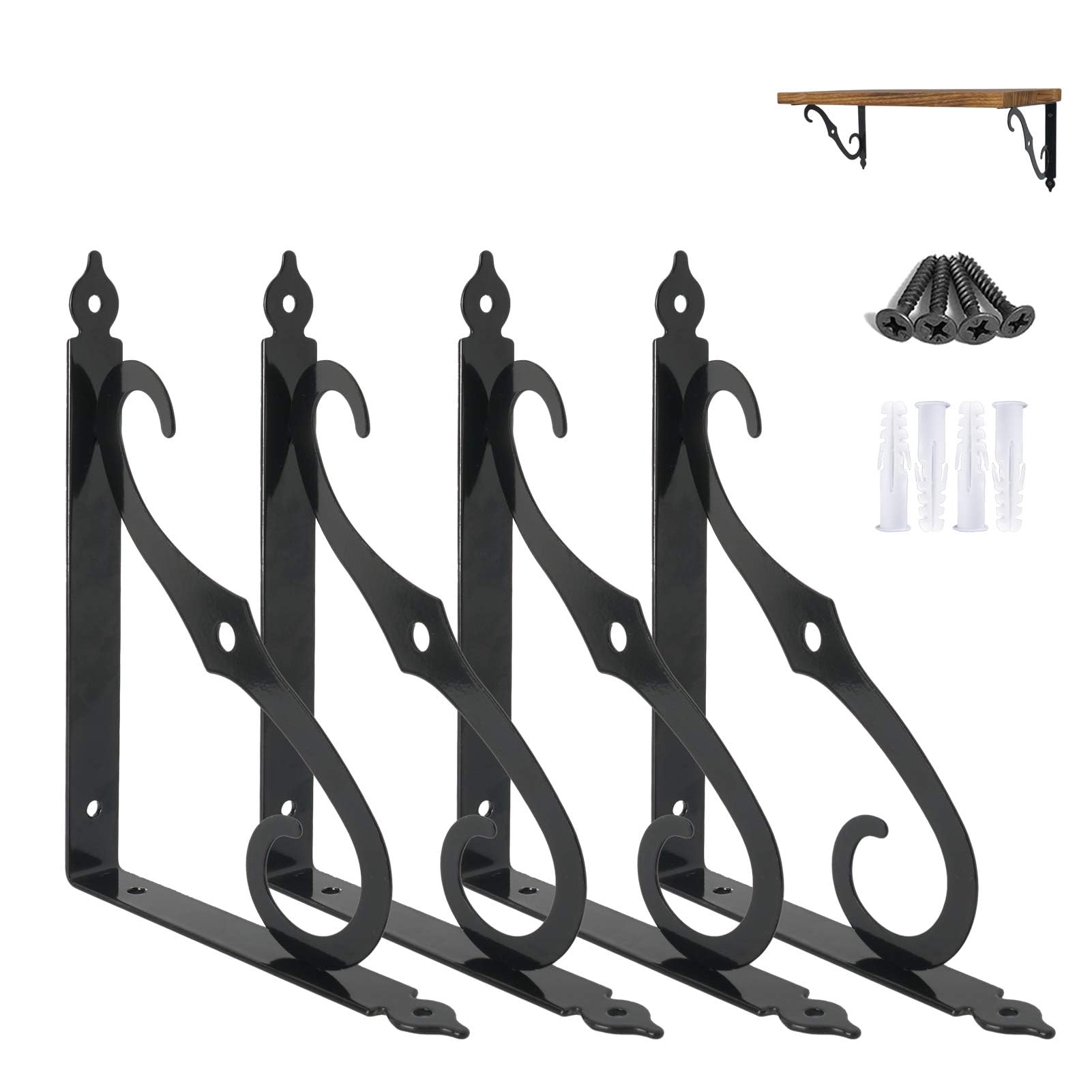 Ouvin Decorative Wall Brackets 4 Pack Retro Black White Heavy Duty L Corner Brace Shelf Support Floating Metal Brackets with Screws (240 mm/9.5 inch) Black