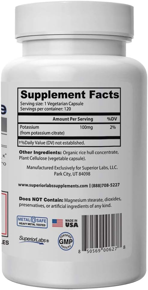 Superior Labs - Potassium Citrate NonGMO Supplement - 100 mg Dosage, 120 Vegetable Capsules - Maintains Overall Health - Supports Kidney Function - Electrolyte Mineral Balance: Health & Personal Care