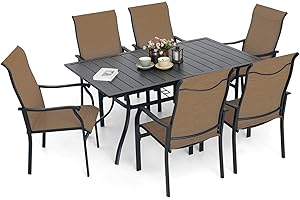 Virvla 7-Piece Outdoor Patio Dining Set, 6 Textilene Dining Chairs & 1 Rectangular Dining Table for Backyard Front Porch Yard Deck Outdoor Furniture Set - Light Brown