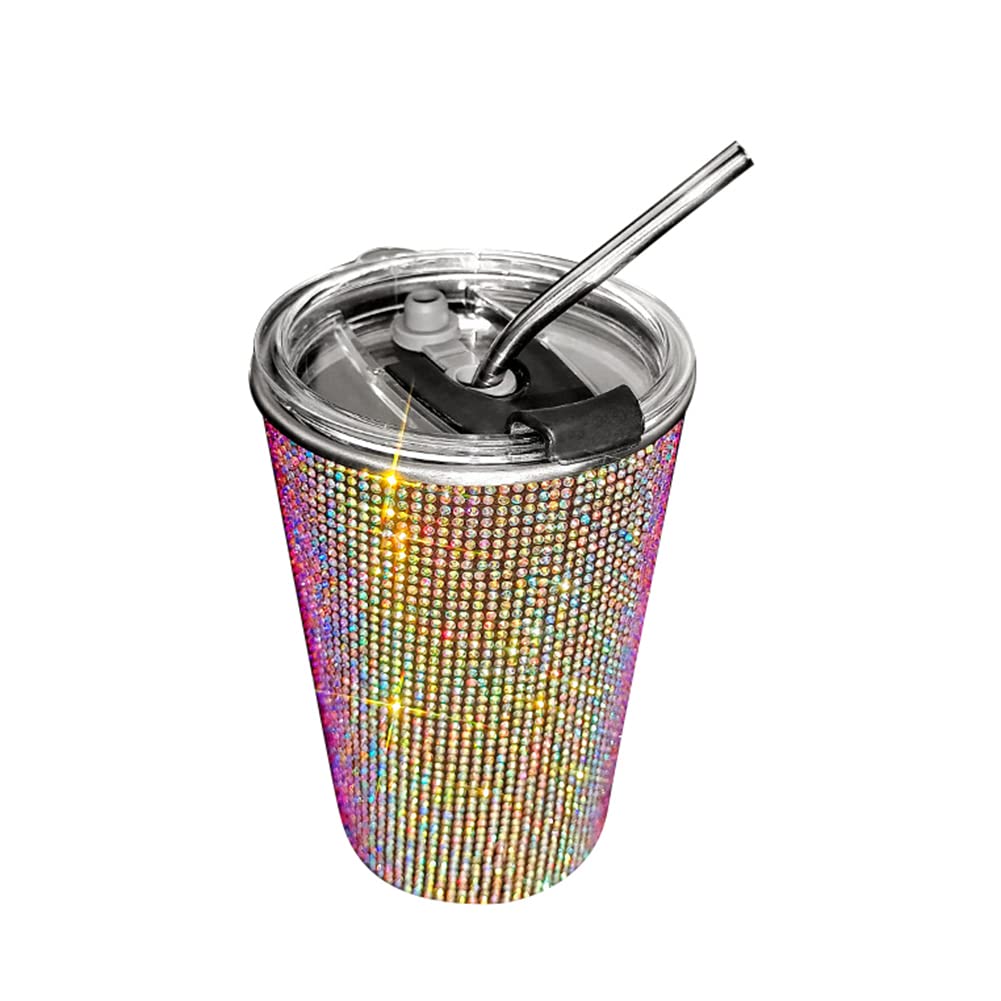 Asudaro Stainless Steel Coffee Cup, Crystal Drink Cup Bling Cup Insulated Stainless Steel Travel Tumbler with Straw Water Cup Straight Cup for Home Office