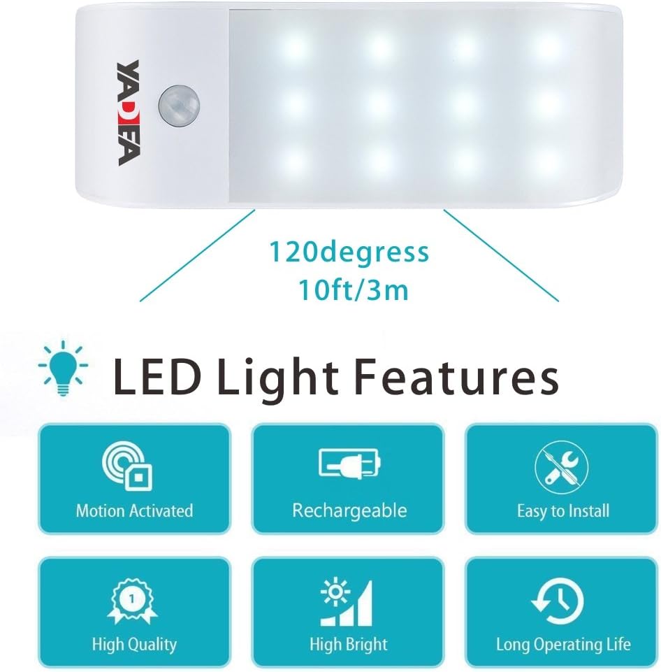 YADEA USB Rechargeable Closet Light Motion Sensor 12 LED Portable Cabinet Safety Night Light for Kitchen, Stair, Bookcase and Under-cabinet with Magnetic Strip (2 Pack)
