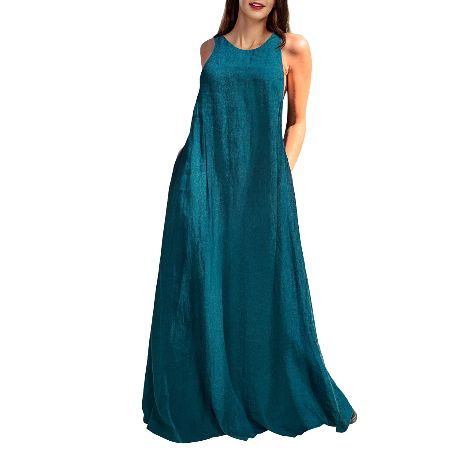 Rainday Women's Linen Dress Sleeveness Loose Dresses Casual Maxi Dress ...