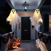 2 Pack Halloween Light Up Ghost Decorations Hanging Swinging Indoor Outdoor | 24" Timer Remote Control Battery Operated Flying Ghosts 8 Lighting Modes Floating Yard Garden Porch Decor