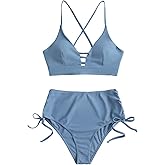 ZAFUL Women's Criss Cross High Waist Bikini Cinched Tie Two Piece Tankini Solid Padded Swimsuit