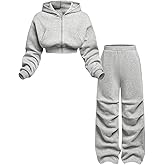 SweatyRocks Girl's 2 Piece Outfits Sweatsuit Zip Up Crop Hoodie and Sweatpants Sets