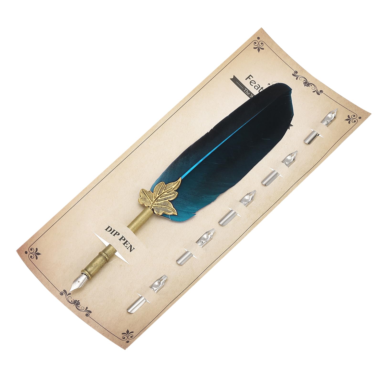 PATIKIL Feather Pen, 9.4 Inch Vintage Quill Pen Feather Dip Pen with 5 Pcs Replacement Nibs for Writing Calligraphy Wedding Signature Guest, Dark Blue