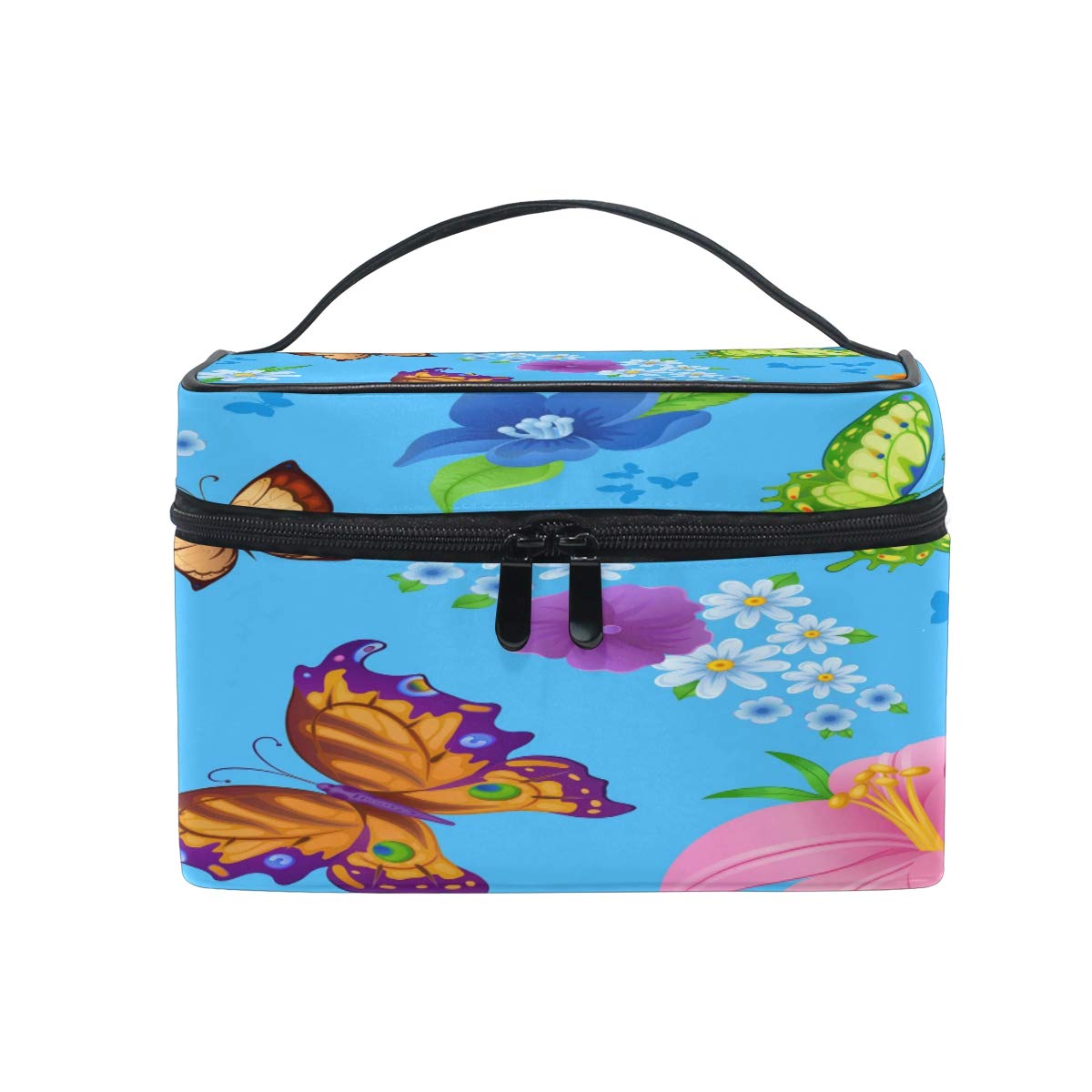 Cosmetic Bag Butterflies And Flowers Blue Makeup Bag Travel Toiletry Bag Cosmetic Train Case Make-Up Tote Organizer Box Storage With Mesh Bag Brush Holder for Women Kids Girls Men