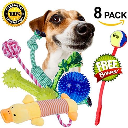 PET TOYS CITY Dog Rope Chew Toy Pack Puppy Chewing Toys Set Kit w/ Bone, Ball, Plush (8 Pack) w/ Ball Launcher for Interactive Play for all Dogs &amp; Puppies, Good for Teeth Cleaning and Health Care