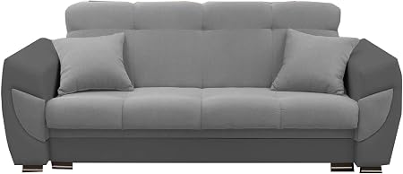 Meublo Canapé Convertible 3 Places Tissu Et Simili Cuir Amelia Gris Clair Tissu