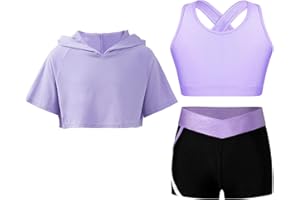 dPois Kids Girls 3 Pcs Gymnastics Sports Suit Crop Hoodie Tank Vest with Dance Booty Shorts Activewear Set
