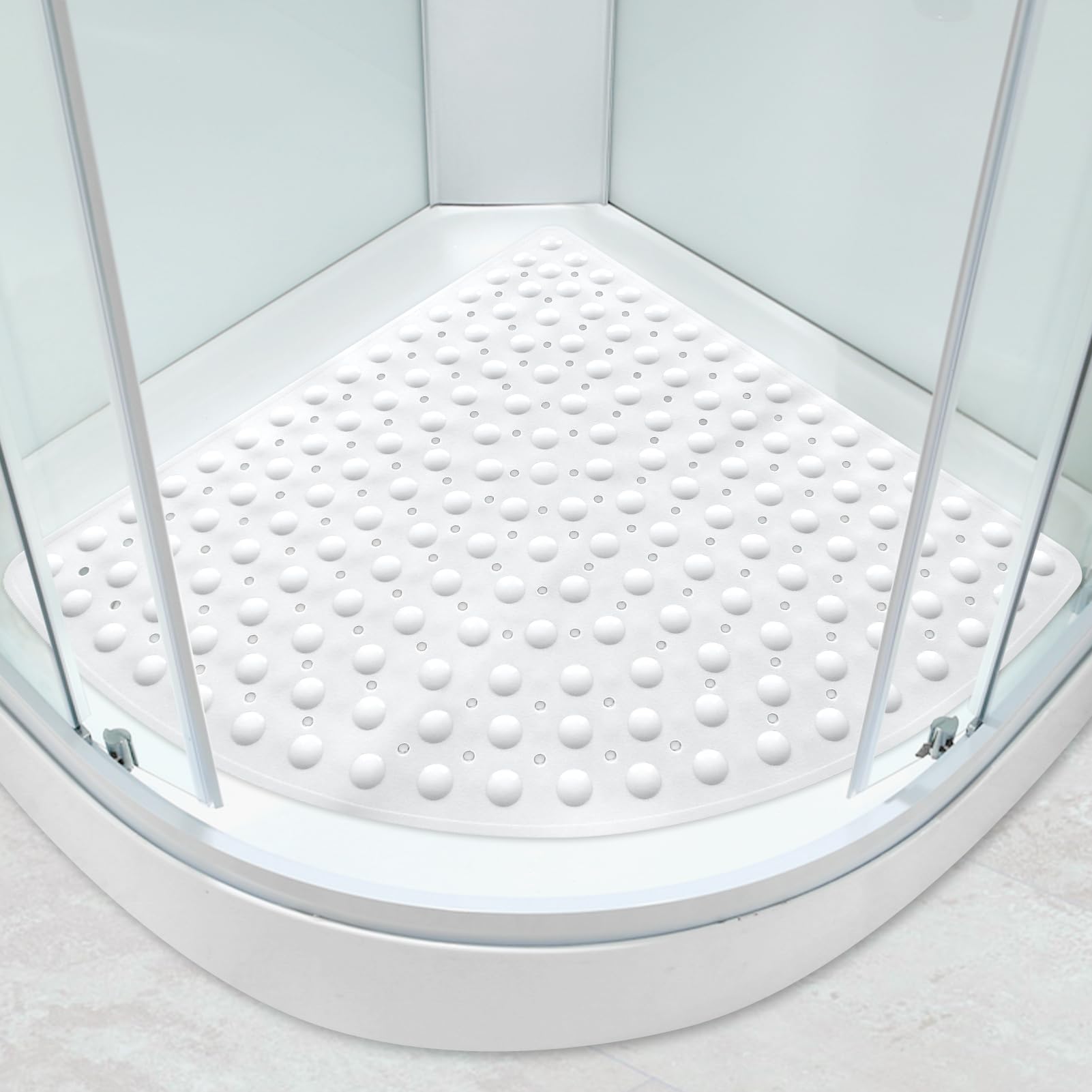 Large Corner Shower Mat Non Slip Anti Mould with Suction Cups 70x70cm Soft Texture Quadrant Bath Mat for Inside Walk-in Shower with Drain Sector Massage Floor Mat for Bathroom Area (White, 70x70cm)