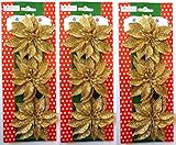 9 Glitter Poinsettia Christmas/Holiday Decorations (3 Packs, Gold)