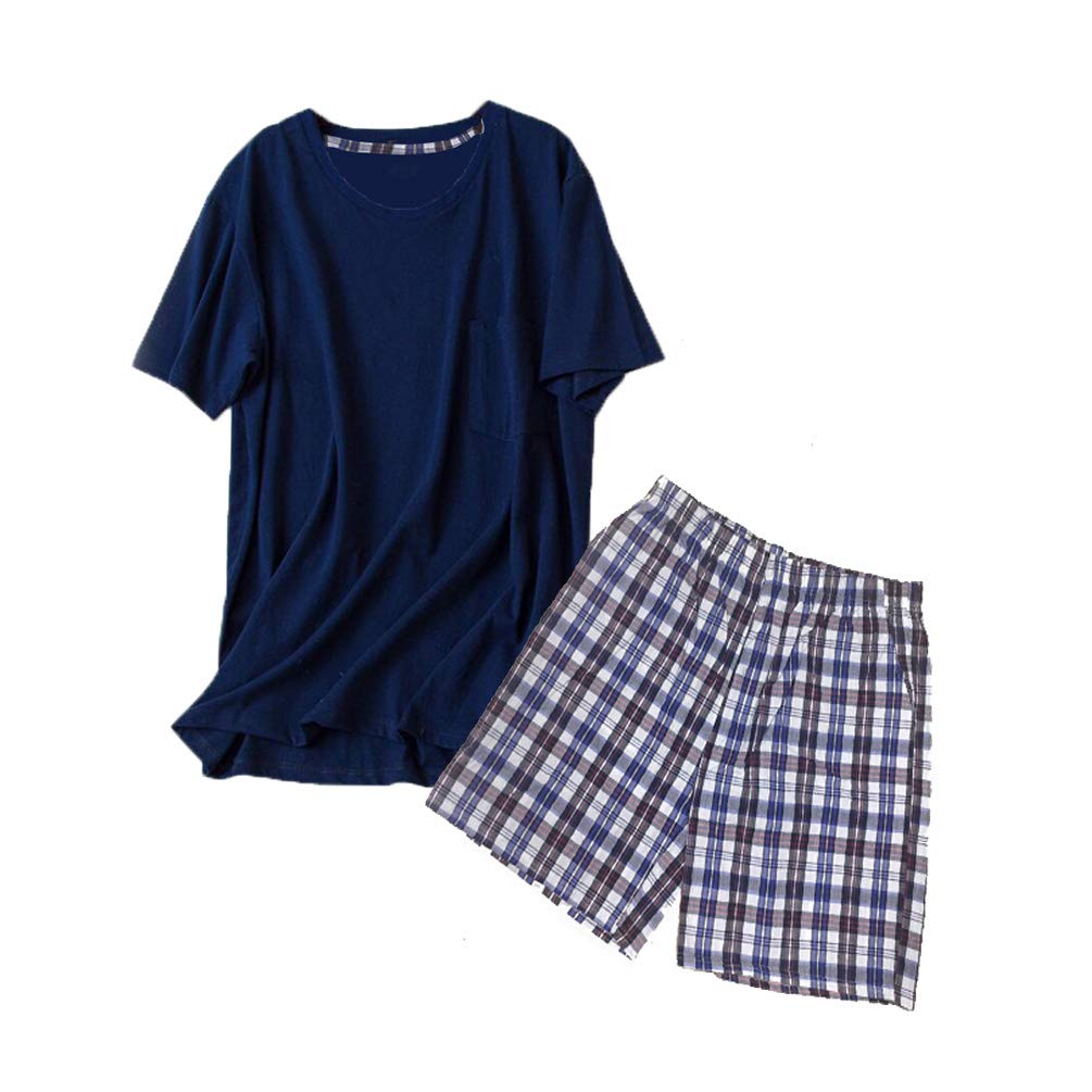 ENJOYNIGHT Men\'s Summer Short Sleeve Pajamas Adult Casual Shorts & Shirt PJ Set (X_Large, Deep Blue)