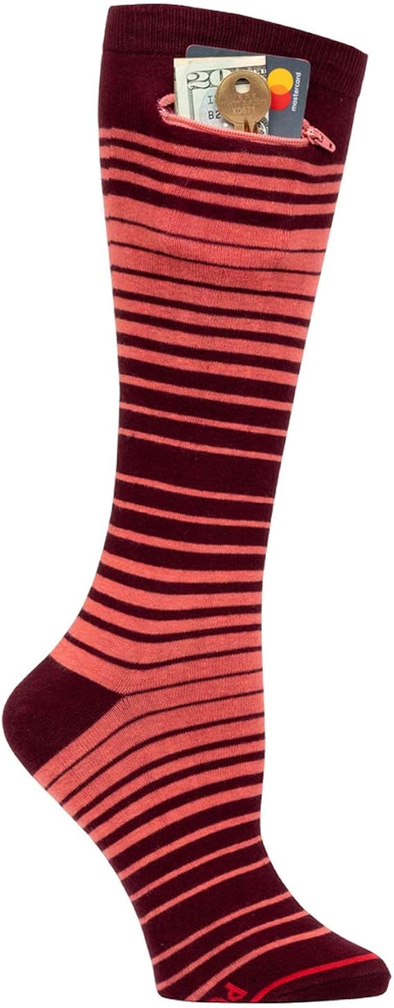 Pocket Socks Womens Fashion Knee High Ombre Burgundy with Security Zip