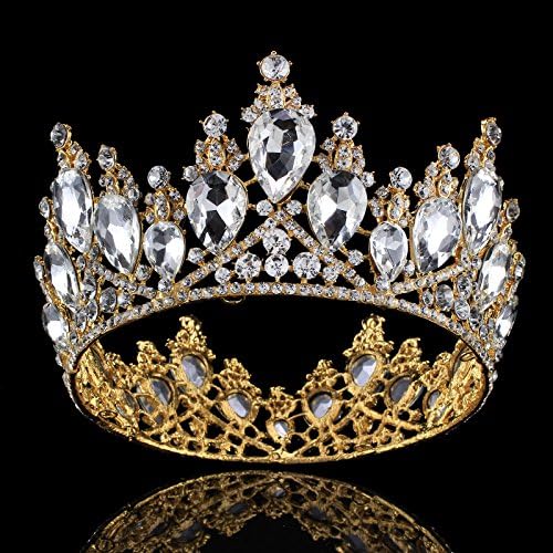 FUMUD Luxury Sparkling Crystal Baroque Queen King Gold Tiara Crown Pageant Prom Diadem Tiaras For Women Hair Jewelry Accessory (FMHG00068)