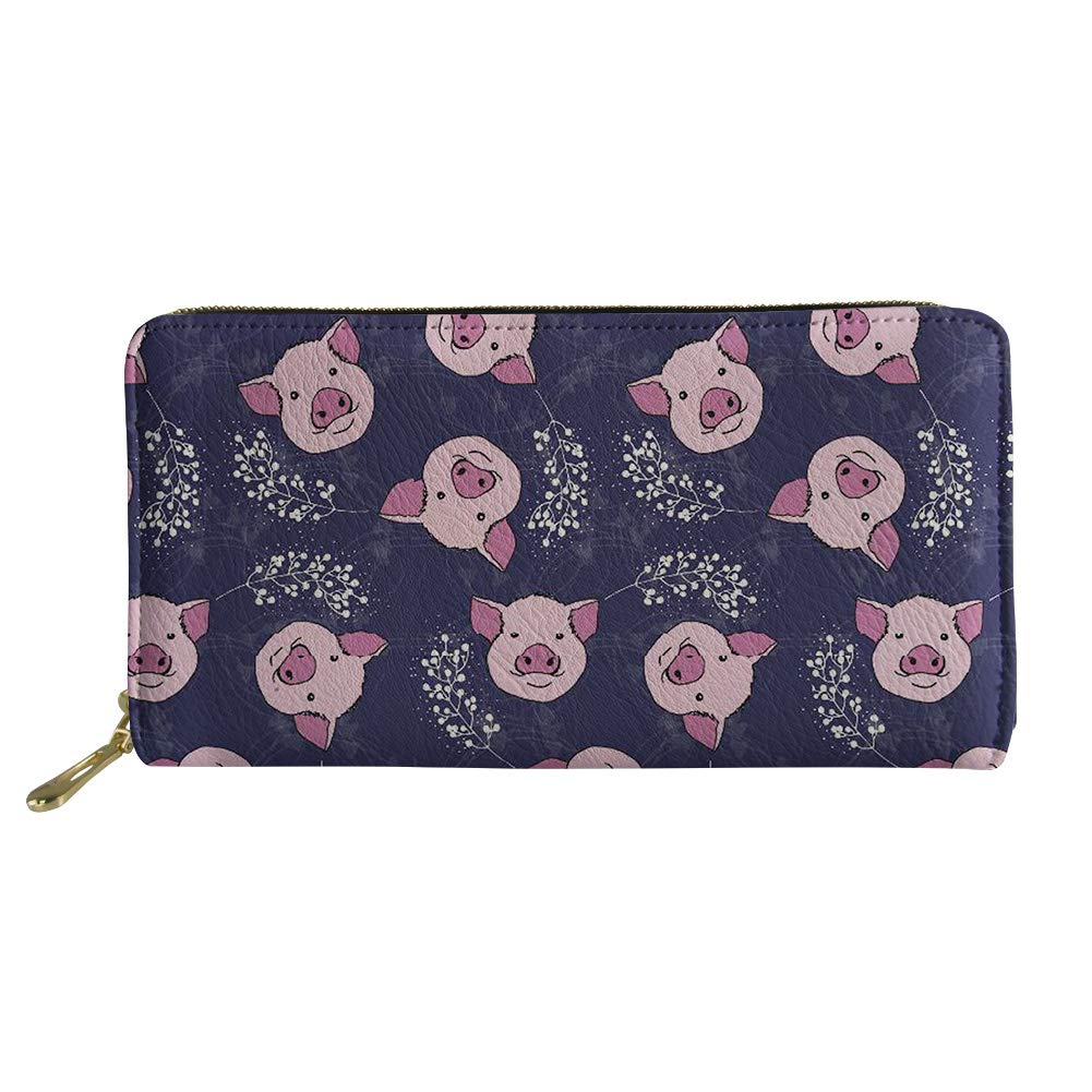 Coloranimal Credit Cards Coins Clutch Purse for Women Long Leather Wallets Zipper Arround Tote Pouch Adorable Animal Pig Design Organizer