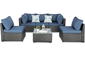 BPTD Outdoor Patio Furniture Set Balcony Furniture PE Rattan Wicker Outdoor Sectional with Washable Cushion for Garden, Poolside, Balcony, Backyard (Navy Blue, w/Table)