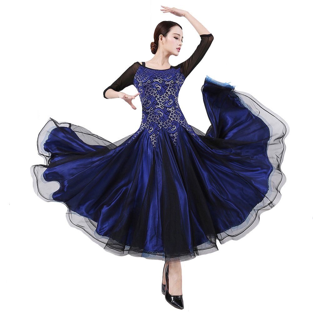 パソドブレ 踊り服 豪華 ブルー 着痩せ スリム 伸縮性あり Xl ラテンダンス オフショルダー 女性 B0727yb8n5 トレーニングワンピース レディース モダンダンス 社交用ドレス 団体用 Fere80 社交ダンス 完売