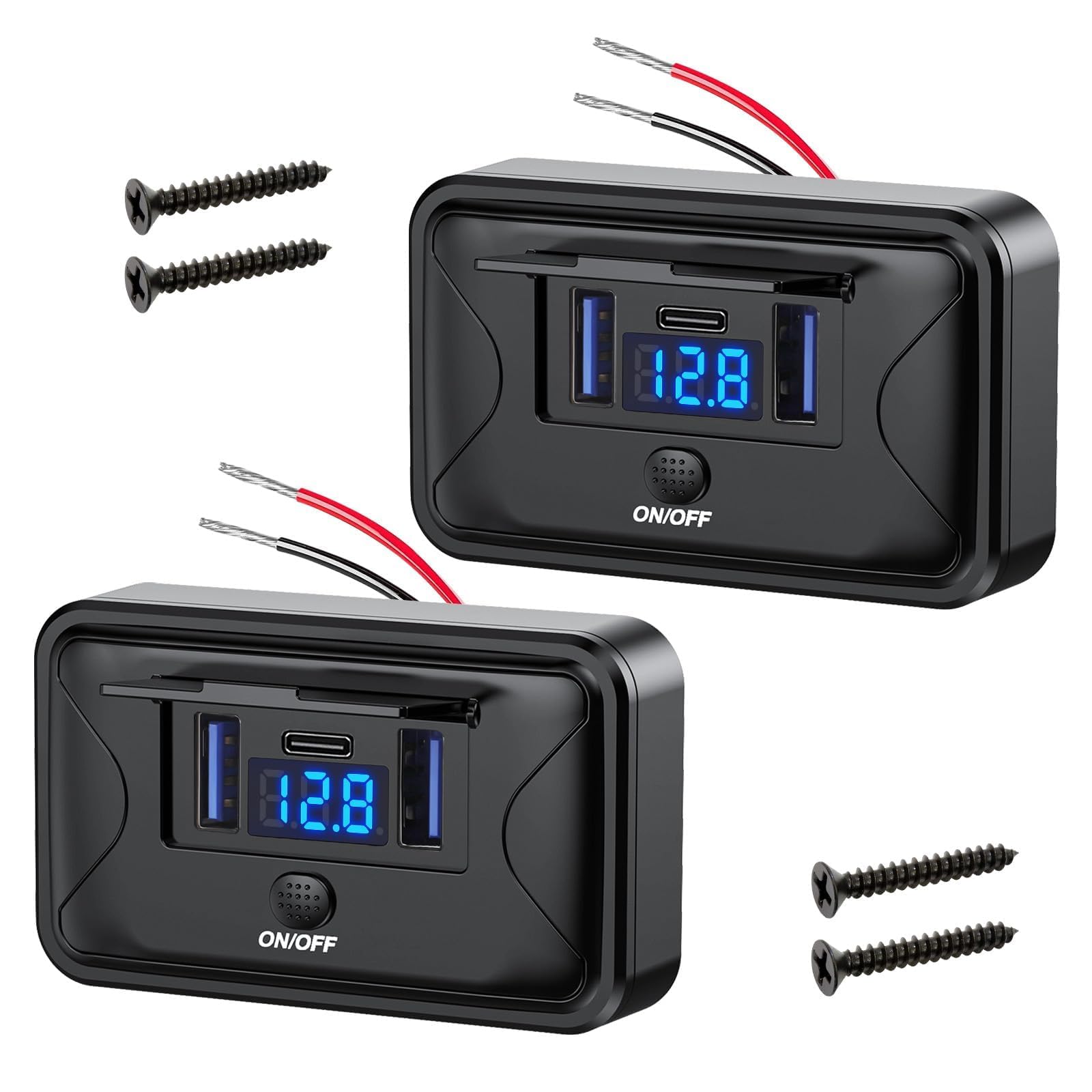 Linkstyle 2PCS RV USB Outlet, 72W Dual QC3.0 USB-A & PD3.0 Type-C Charging Socket Panel with ON/OFF Switch & Voltmeter for 12V/24V Car Truck Boat