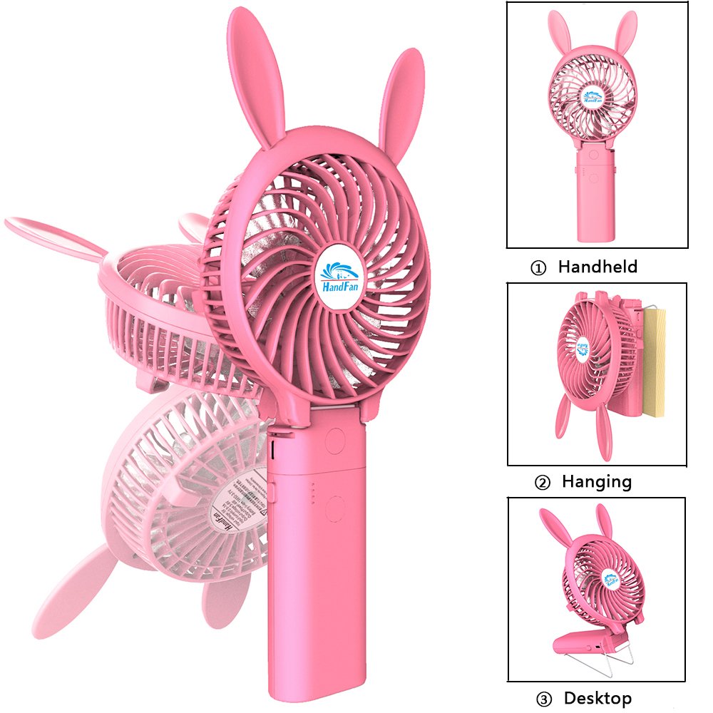 Small Handheld Fan,HandFan USB Rechargeable Fan mini Portable Fan Power Personal Fan Collapsible Electric Fan Desk Fan with 4000mA Mobile Battery for Stroller Camping Tent Dorm Office(Pink rabbit)