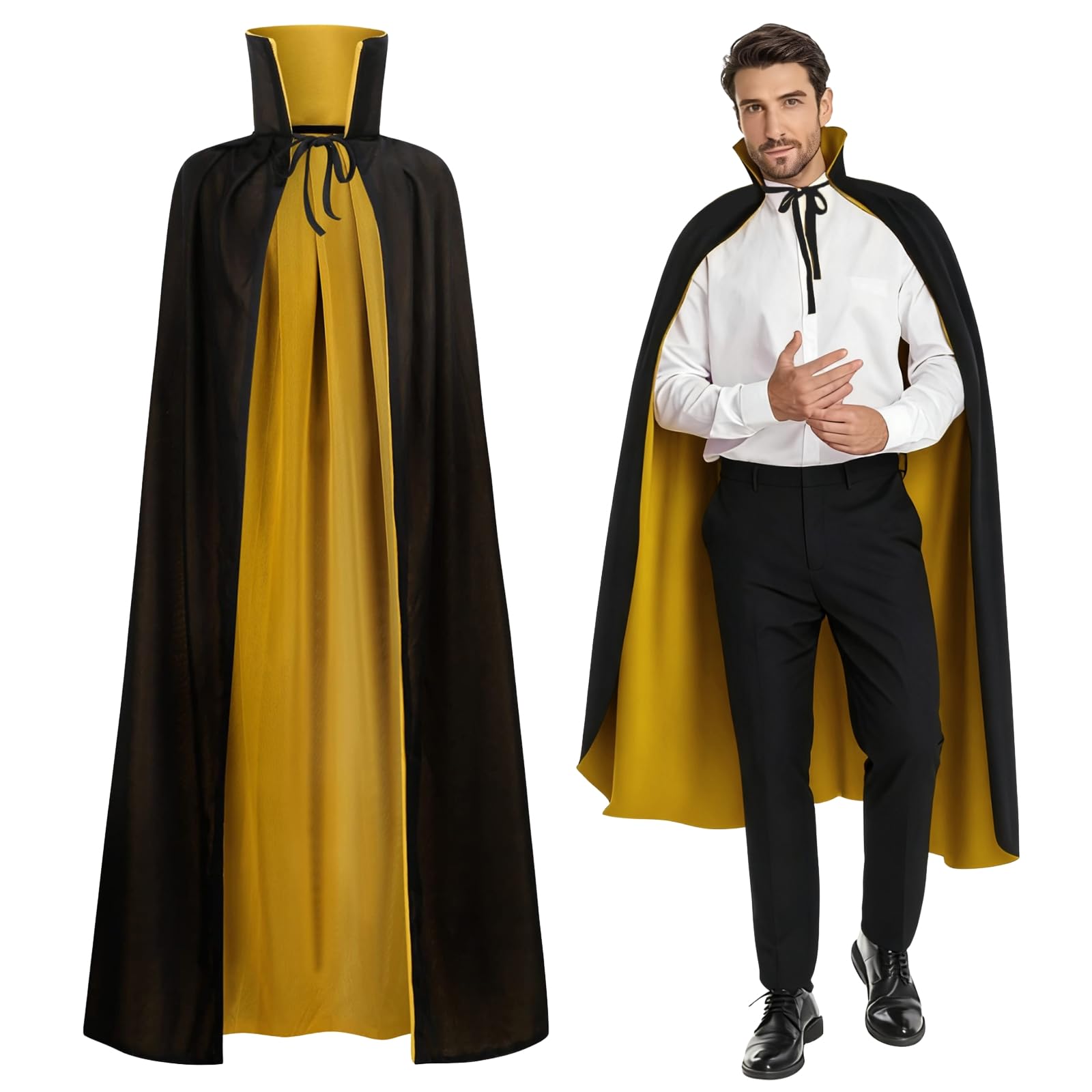 maxToonrain Reversible Black & Yellow Cape for Adults, Easter Halloween Christmas Cloak Fancy Dress Vampire Witch Wizard Role Play for World Book Day (140CM,Stand Collar)