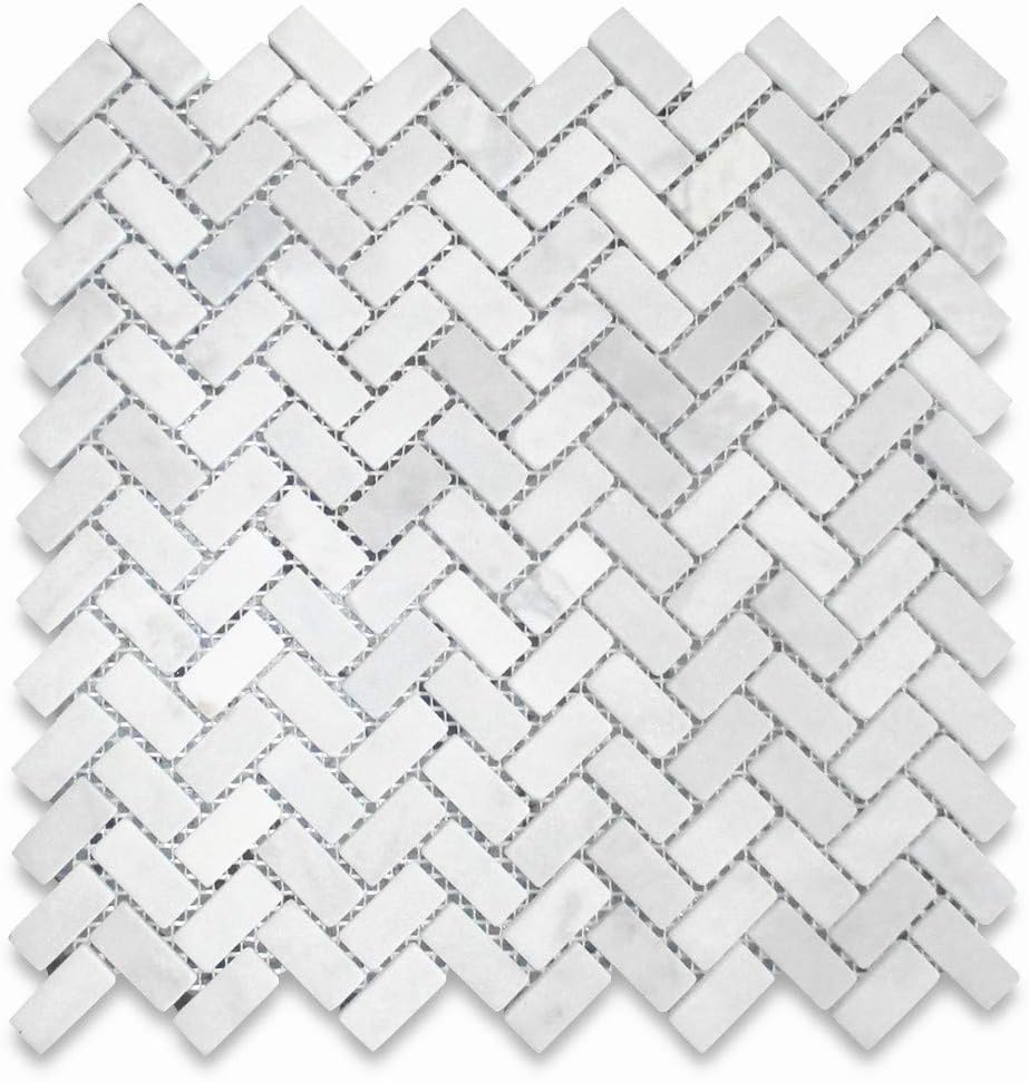 Carrara White Marble 5/8x1-1/4 Herringbone Mosaic Tile Tumbled Kitchen Bath Wall Floor Backsplash Shower (1 Sheet)