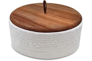 Everbrook Authentic Wood and Ceramic Tortilla Warmer - Tortilla Holder with Lid - Bread Warmer - Pancake Holder- Roti Box - 8