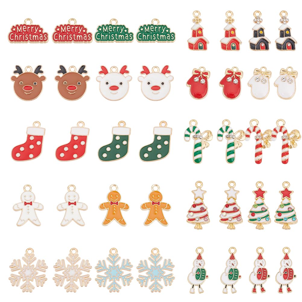SUNNYCLUE 1 Box 40Pcs 20 Styles Christmas Charms Bulk Winter Tree Gingerbread Man Snowman Snowflake Gifts Box Enamel Rhinestone Tree for jewellery Making Charms DIY Necklace Earring Women Adults Craft