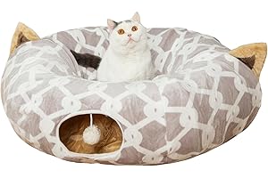 LUCKITTY Large Cat Tunnel Bed Under Christmas Tree with Fluffy Toy Balls, Small Cushion and Flexible Design- 10 inch Diameter, 3 ft Length- Great for Cats, and Small Dogs, Gray Geometric Figure