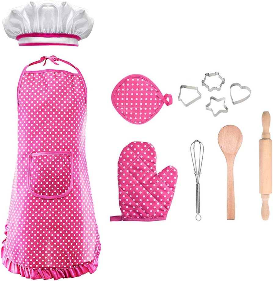 Toys Gifts for 3-12 Girls, Chef Set for Kids Mitt & Utensil for Toddler Dress Up Career Role Play Toddler Cooking and Baking Set Chef Costume Halloween Idea for Girls Stocking Fillers Pink DDCSF03