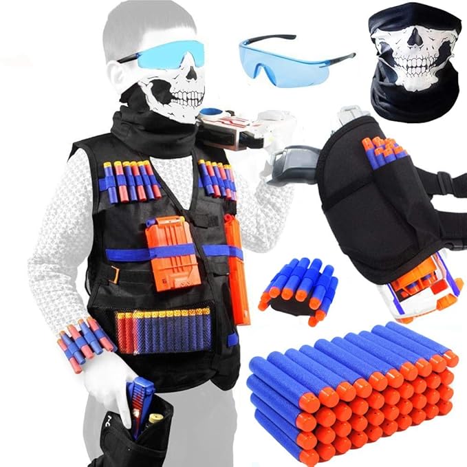 Meiqils 45pcs Einsatzwestenset für Nerf-Spielzeugwaffen N-Strike Elite Serie mit Gesichtsmaske + Windproof Schutzbrille + 40 