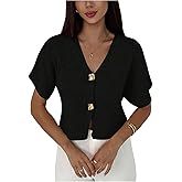 SOLY HUX Women's Short Sleeve Office Spring Winter Cardigan Sweater Button Down V Neck Slim Fit Elegant Knit Tops
