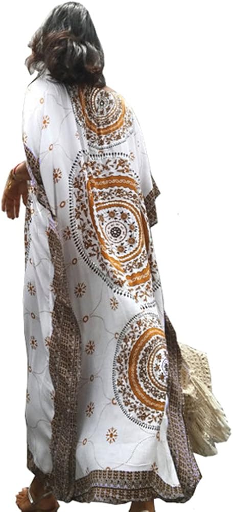 FreestyleMo Women's Oversized Maxi Kimono Ethnic Print Bikini Cover Ups Beach Kaftan Dress (One Size, Khaki) - Image 3