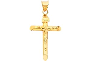 TOP GOLD & DIAMOND JEWELRY 14K Yellow Gold Jesus Engraved Cross Pendant - Crucifix Charm Polish Finish - Handmade Spiritual Symbol - Gold Stamped Fine Jewelry - Great Gift for Men & Women