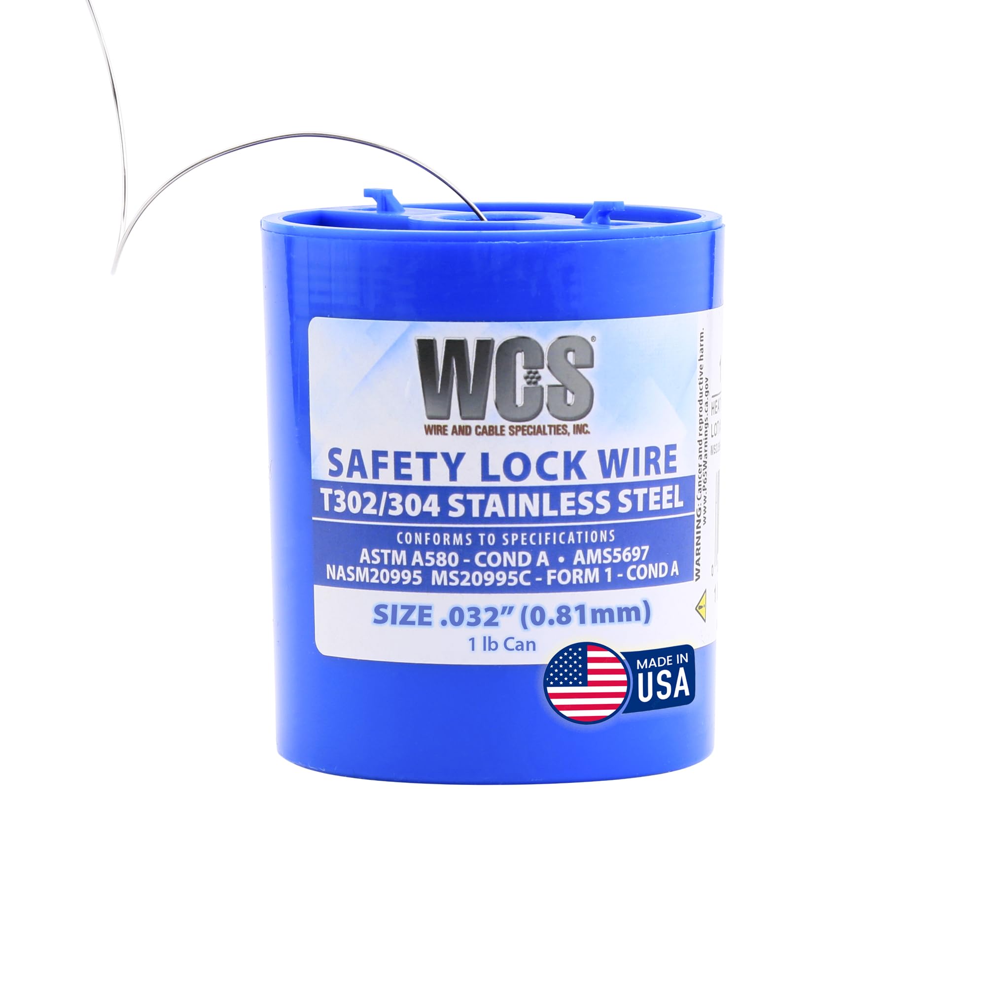 Lock Wire, T302/304 Stainless, NASM20995, MS20995C, ASTM A580 Cond A, AMS5697, 032 in (0.81 mm), 1 lb (0.45 kg) Dispenser Can, approx. 362 ft (110 m)