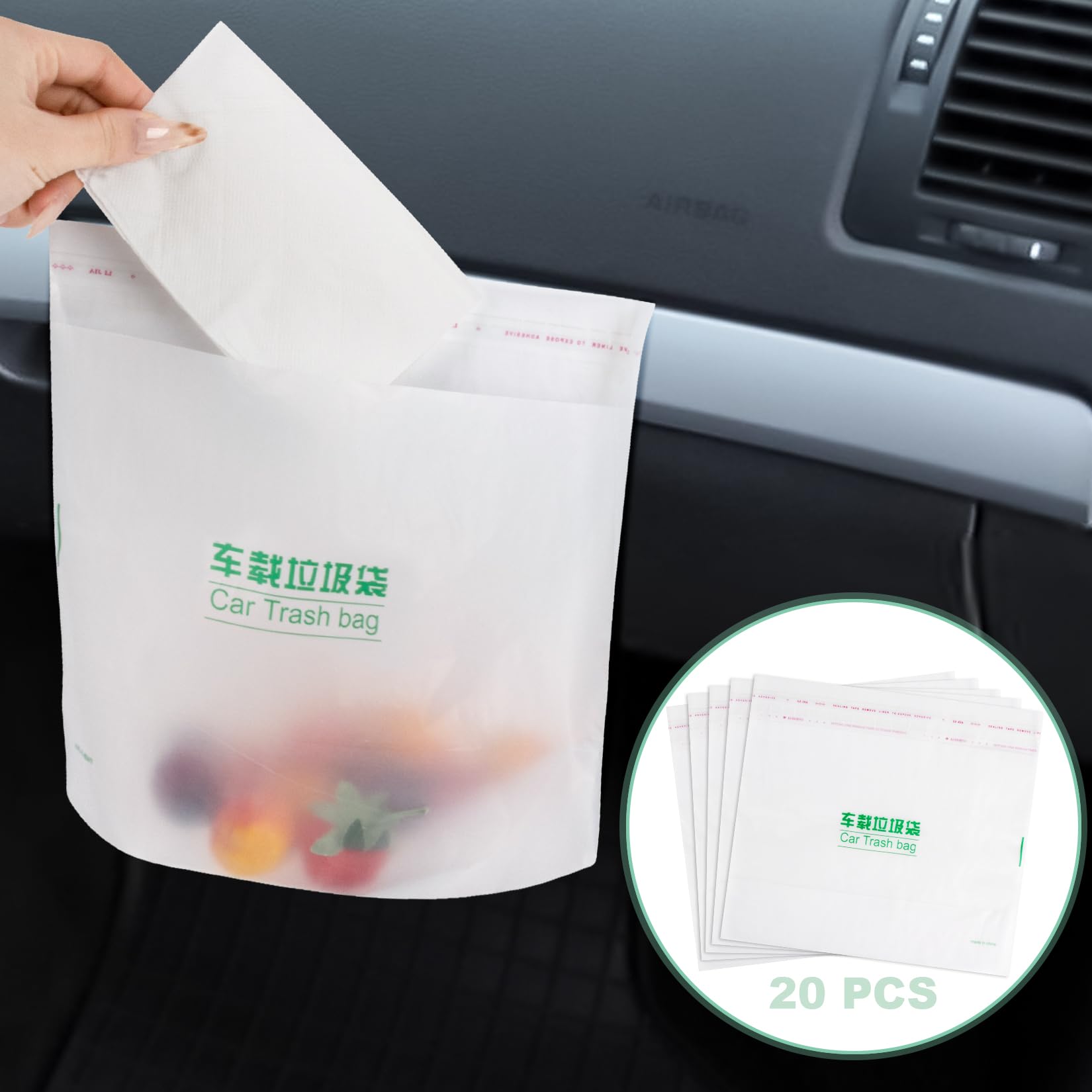 Photo 1 of 20 PCS Disposable Car Trash Bag - Self-Standing & Adhesive Vomit Trash Bags, Easy Stick-On Car Garbage Bag, Waterproof Leakproof, Ideal for Cars, Office, Kitchen, Bedroom, Travel, Camping, Road Trip