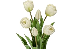 DILATATA 6 Pcs Artificial Tulips Flowers Cream Real Touch Fake Latex Tulips Flowers for Mother's Day 14" Faux Tulips Faux Flowers for Vase Centerpieces Home Wedding Bouquet