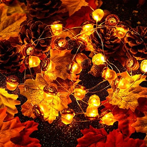 Battery-operated acorn string lights with a remote control.