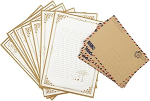 QingLanJian Vintage Kraft Paper Writing Paper with Envelopes Stationary Sets-48 Sheets and 30 AirMail Envelopes,White