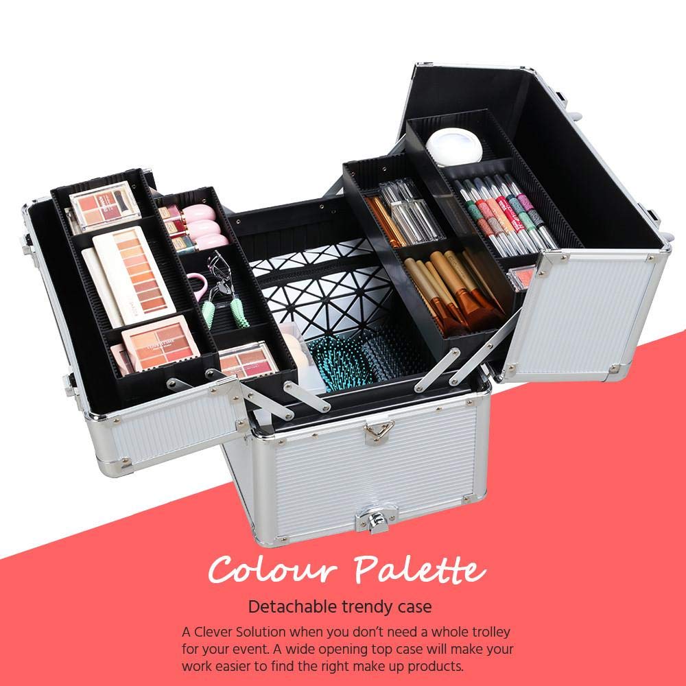 Yaheetech 3 in 1 Professional Aluminum Rolling Makeup Trolley Artist Train Case Cosmetic Organizer Makeup Case 4 Removable Spinner Wheels Silver : Beauty