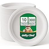 JOLLY CHEF Compostable Heavy Duty Plates 𝟭𝟬 𝗜𝗻𝗰𝗵 [𝟯𝟬𝟬 𝗣𝗮𝗰𝗸] Eco-Friendly Disposable White Uncoated Paper Plates Bagasse Sugarcane Biodegradable for Hot Cold Food Party Dinner Weddings