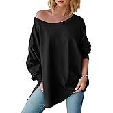 Tankaneo Womens Oversized Off The Shoulder Tops Long Sleeve Trendy Casual T-Shirts Side Slit Loose Fit Tunic Shirts