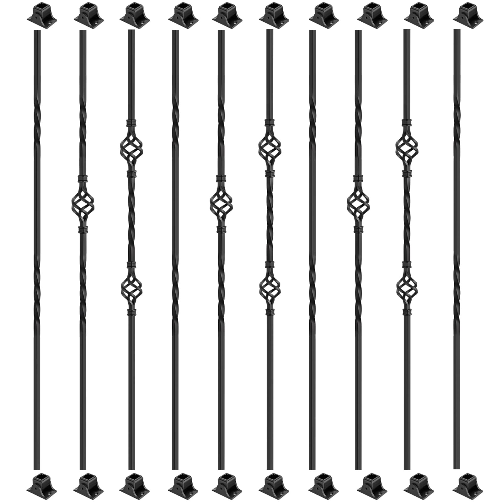 Photo 1 of 10 Pack Wrought Iron Balusters, 44" Metal Balusters for Staircase Interior with 20 Iron Baluster Shoes, Hollow Basket Stair Spindles for Stair Railing Indoor,Satin Black