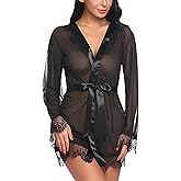 Womens Sexy Robe Lace Babydoll Front Closure V Neck Lingerie Sheer Mesh Chemise Nightwear Night Gowns Women Sexy Onesize 2-8