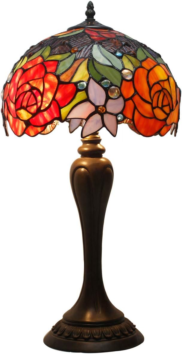 4MYHOME Tiffany Lamp Stained Glass Table Lamp Red Rose Flower Bedside Desk Reading Light 12X12X22 Inches Decor Bedroom Living Room Home Office S001 Series