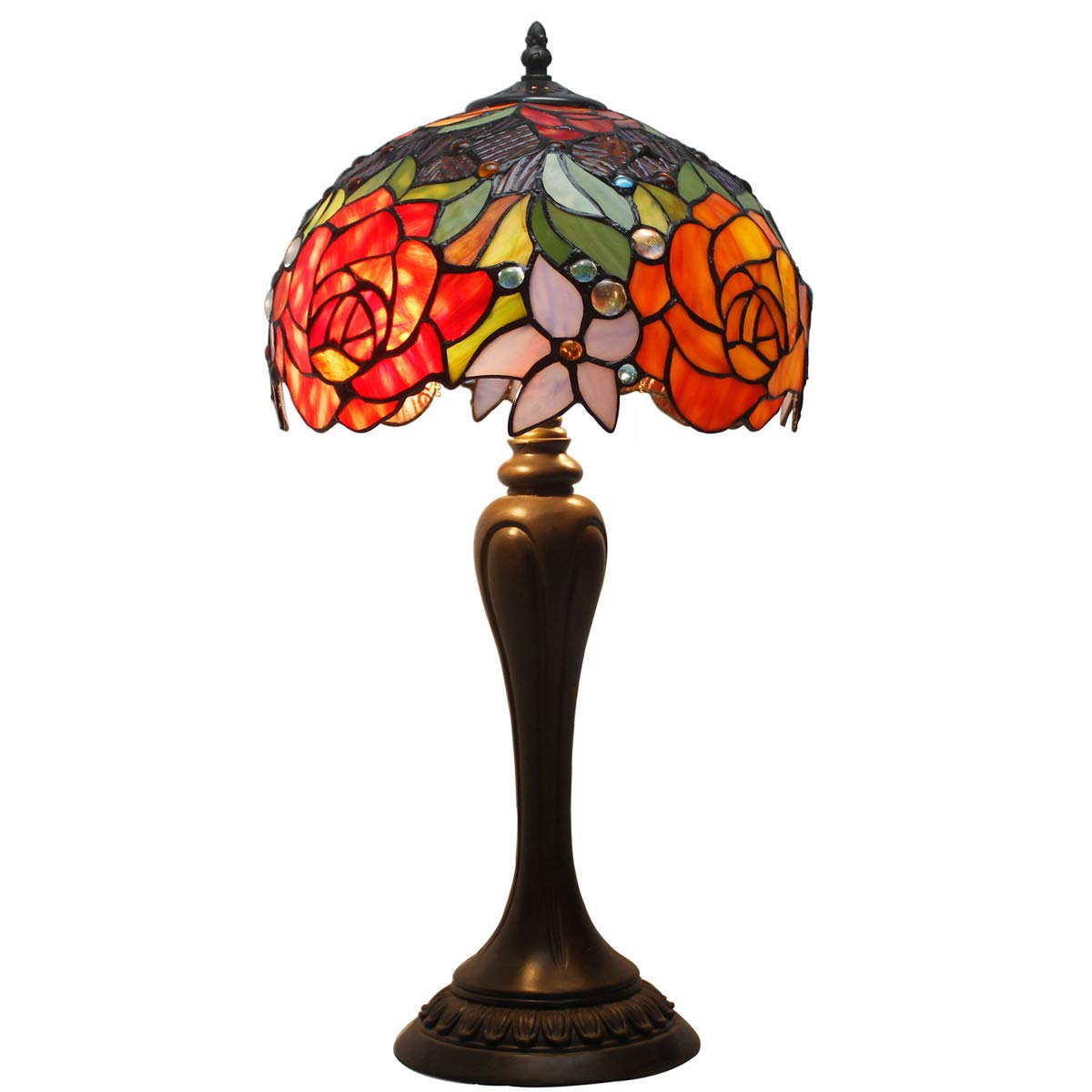4MYHOME Tiffany Lamp Stained Glass Table Lamp Red Rose Flower Bedside Desk Reading Light 12X12X22 Inches Decor Bedroom Living Room Home Office S001 Series