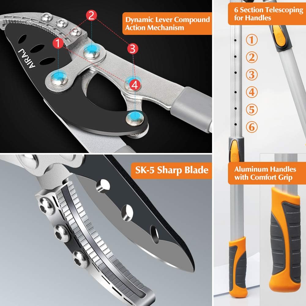 AIRAJ Retractable Handle Anvil Loppers, Heavy Duty Pruning Lopper with SK-5 High Carbon Steel Blades, Lightweight Aluminium Tube Tree Trimmer & Branch Cutter, 26 Inch Compound Action Hand Loppers : Garden & Outdoor