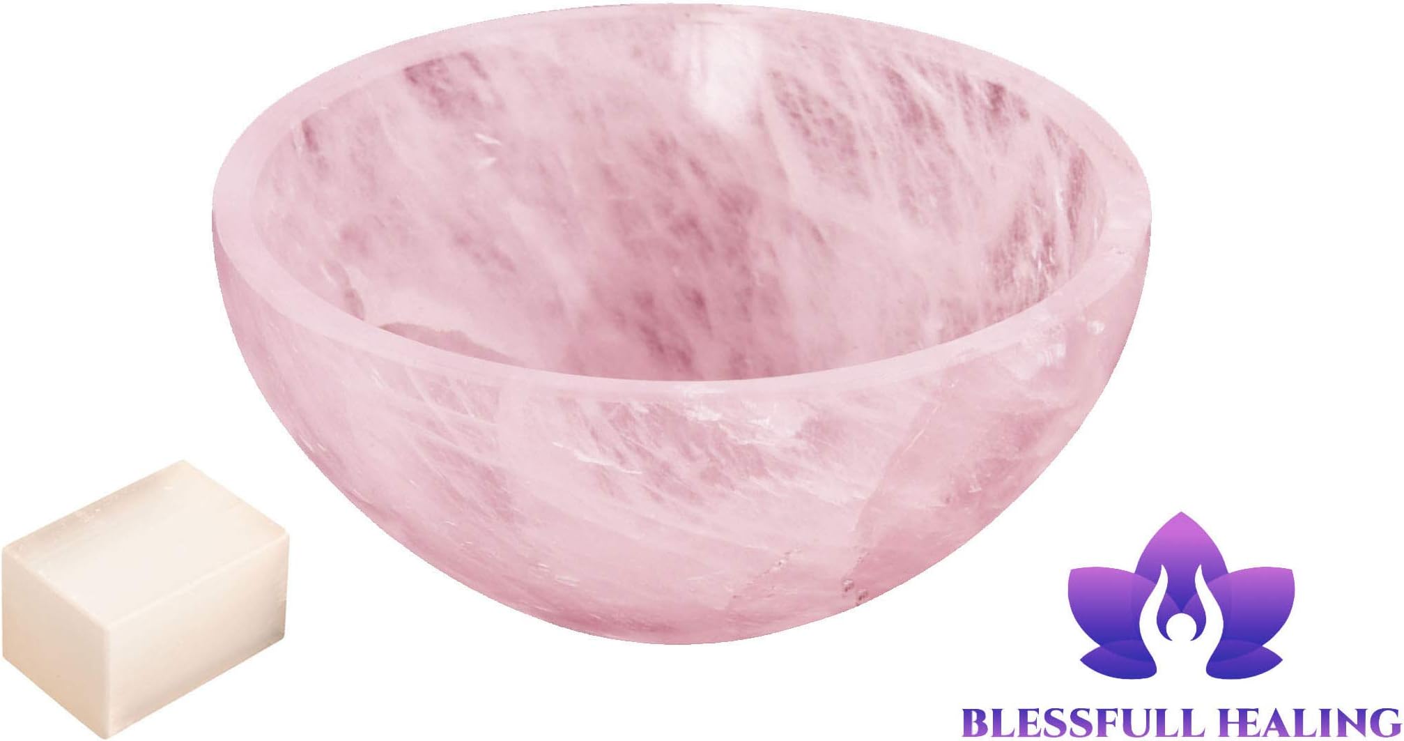 Handmade Carved Rose Quartz Stone Feng Shui Bowl Spiritual Energy Generator Reiki Gift Healing Crystal Charged 3 Inches Approx with Selenite Cube-Blessfull Healing